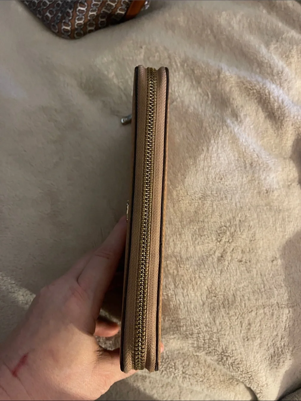 Tory Burch Camel/Tan Leather Zip Wallet with Gold Logo